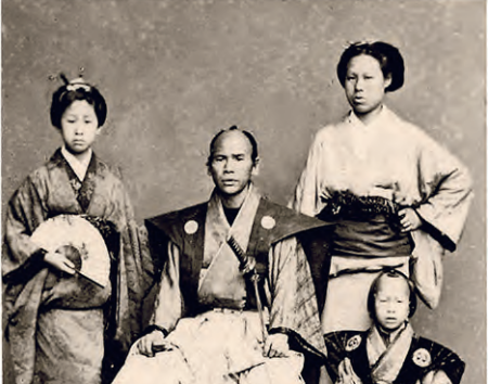 10. Matsui family (L-R): Daughter Saki, age 13; Matsui Gensui XIII, age 43 or 44; wife Haru; son Saki, age 6 or 7. Detail from a carte de visite, 1867, photostudio of Camille Brion, Marseille, France. Public Domain.